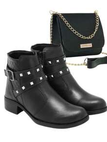 Women's Black Ankle Boot, Comfortable + Crossbody Bag With Strap - Black - View 10