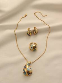1 Set de Joyas Vintage de Aleación de Cobre Chapado en Oro con Colgante de Ojo de Diablo, Aretes, Anillo y Collar, Adecuado para Uso Diario de Mujeres y como Regalo para Fiestas - Amarillo Oro - Ver 1