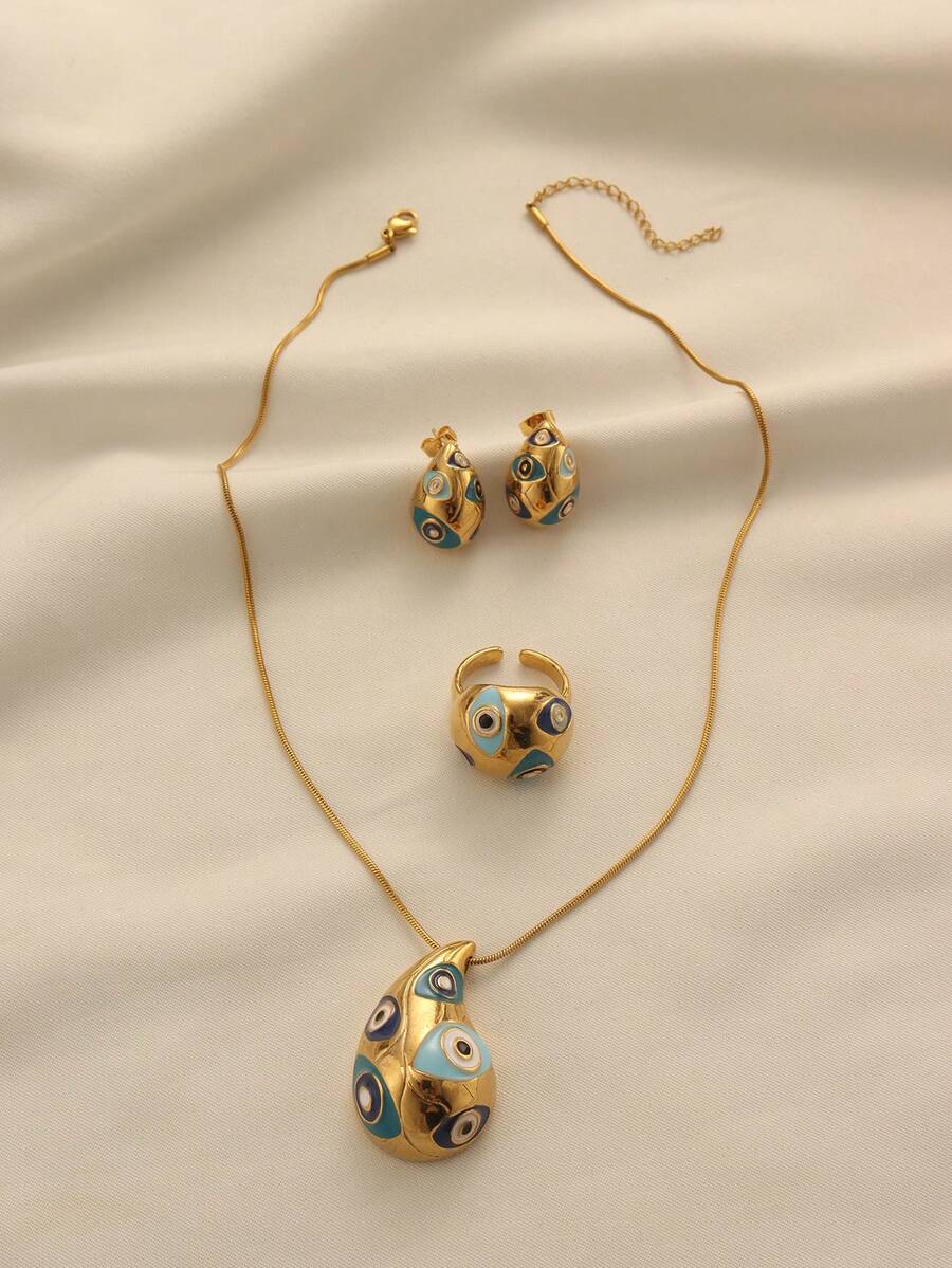 1 Set de Joyas Vintage de Aleación de Cobre Chapado en Oro con Colgante de Ojo de Diablo, Aretes, Anillo y Collar, Adecuado para Uso Diario de Mujeres y como Regalo para Fiestas - Amarillo Oro - Ver 1