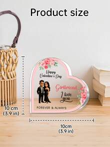1pc Custom Gift For Valentine's Day Couple Black Hair Girl Keepsake Side Heart Ornament Plaque, Trinket Gift, Acrylic Plaque Ornament Keepsake Gift - Multicolor - View 3