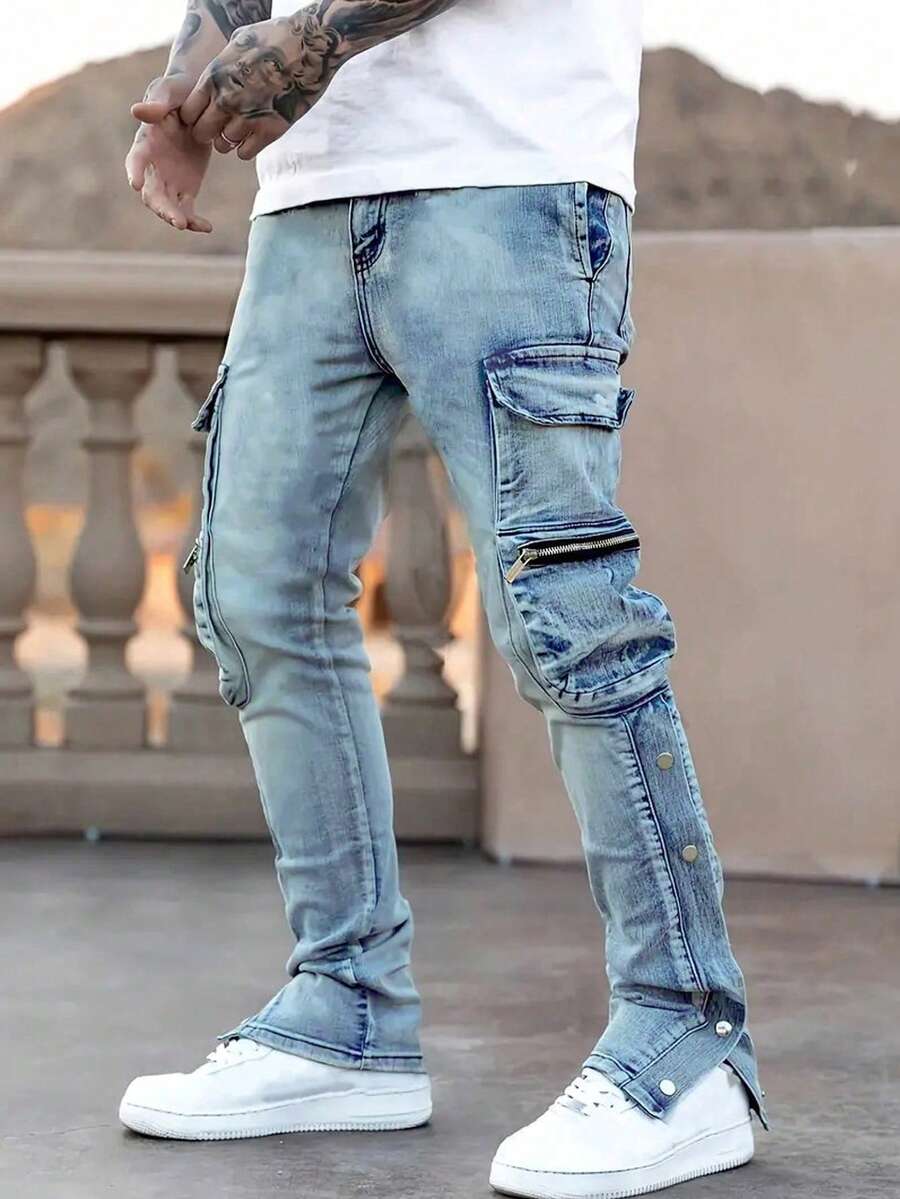 Jeans casual in denim con molteplici tasche, adatti per uso quotidiano, design semplice da uomo - Lavaggio chiaro - Visualizzare 1