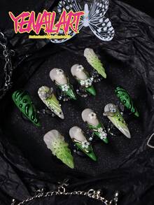 10pcs Press On Nails Acrylic Stiletto, Featuring Nude,Natural Looking Base, Green,Light Green,Gradient Color,French Tip,3d Three-Dimensional Decoration Element, White Floral, Nail Gems,Polka Dot,3d Three-Dimensional Decoration Butterfly Blingbling ,Cottagecore Metal Style Homemade Full Coverage Press On Nails Stiletto Set - Green - View 4