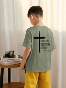 Tween Boys Casual Printed Round Neck Short Sleeve T-Shirt, Summer Top - Olive Green - View 2