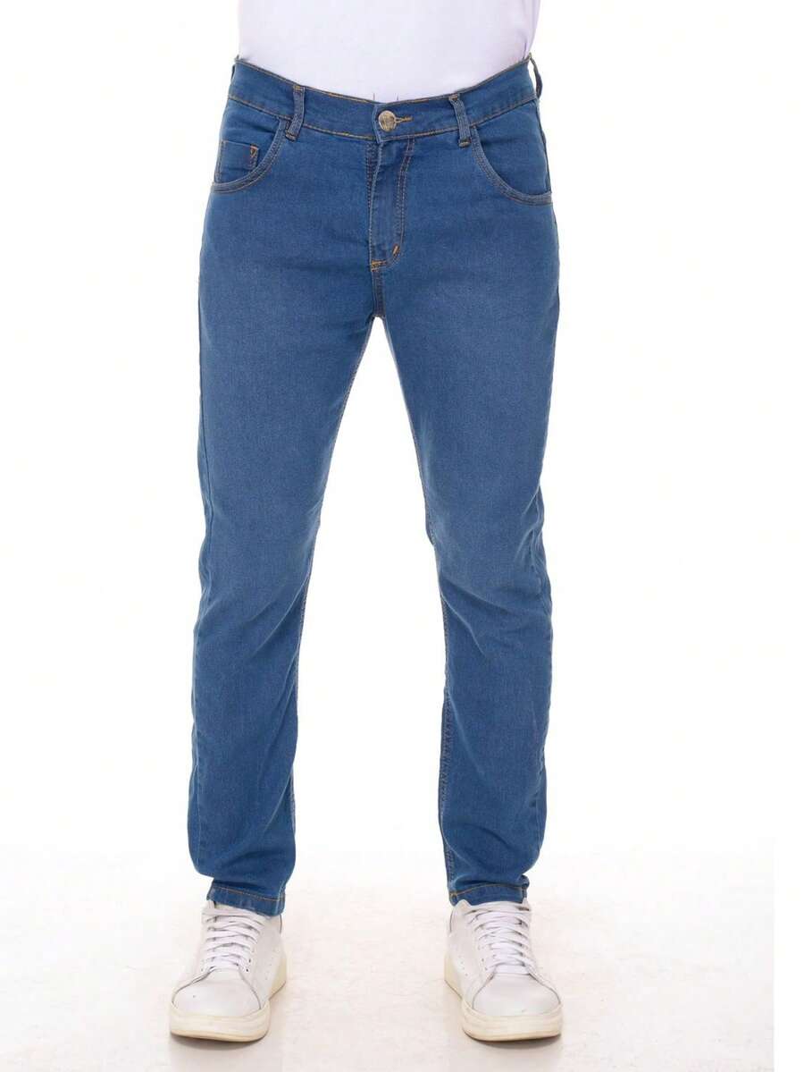 Men's Plus Size Slim Fit Jeans, Sizes 56, 58, 60, Lycra, Cotton And Elastane, Denim Blue - 淺色水洗藍 - 查看 1