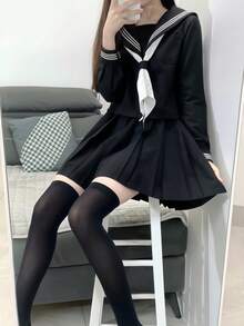 一套日式学生制服套装 - 黑色衬衫 + 黑色裙子 + 领带 水手服，可爱校园JK制服，适合毕业照、角色扮演、化妆派对、花园约会、情人节等场合。 - 黑色 - 查看 13
