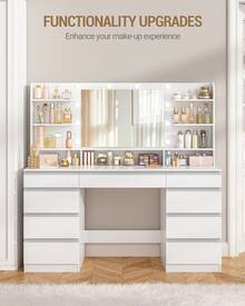 HaluPeit Dressing Table With Bulb Light, Vanity Desk With 1 Large Drawer And 8 Small Drawer Cabinets, Adjustable Brightness, Large HD Mirror, 9 Open Storage Areas, 150 Desktop, White - White - View 3