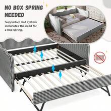 YOGLAD Full & Twin Size Cozy Gingham Daybed With Trundle, Linen Sofa Bed With USB Charging Port, Wave-Shaped Backrest, Multifunctional Guest Bed For Adults, No Box Spring Needed, Stylish Plaid Design, Easy Assembly - Xem 7