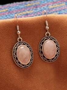 1 Pair Natural Rose Quartz Oval Earrings For Women - Rose Quartz - View 2