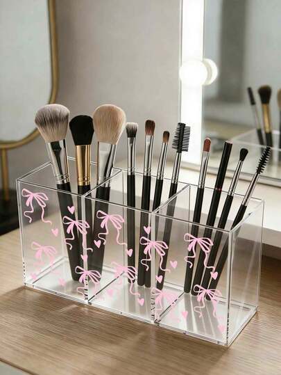 Pink Bow Acrylic Makeup Brush Holder, Makeup Brush Storage Box, Bathroom Vanity Desktop Organizer, Suitable For Kitchen, Bedroom, Living Room, Bathroom, Great Gift For Family And Friends, Can Be Used As Cosmetic Bag, Makeup Organizer, Toiletry Bag, Desktop Organizer