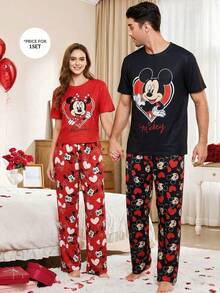 Disney Bộ đồ ngủ ngắn tay 2 món dễ thương dành cho nữ nhân dịp Lễ Tình nhân, đồ mặc nhà mềm mại và ngọt ngào. - Đỏ - Xem 3