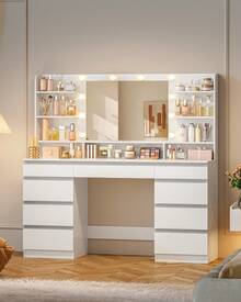 HaluPeit Dressing Table With Bulb Light, Vanity Desk With 1 Large Drawer And 8 Small Drawer Cabinets, Adjustable Brightness, Large HD Mirror, 9 Open Storage Areas, 150 Desktop, White - White - View 2
