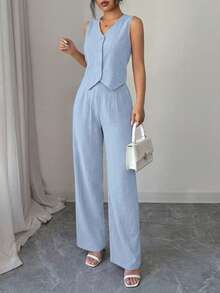 Women's Summer Two Piece Outfit Fashion Button Down V Neck Wheat Vest Blazer And Wide Leg Pants Suit Matching Set - 天藍色 - 查看 4
