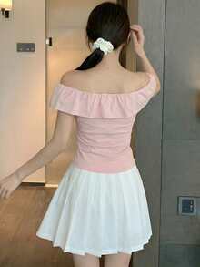 Y6Y 春季新款粉色露肩荷叶边修身女式衬衫 - 粉色 - 查看 2