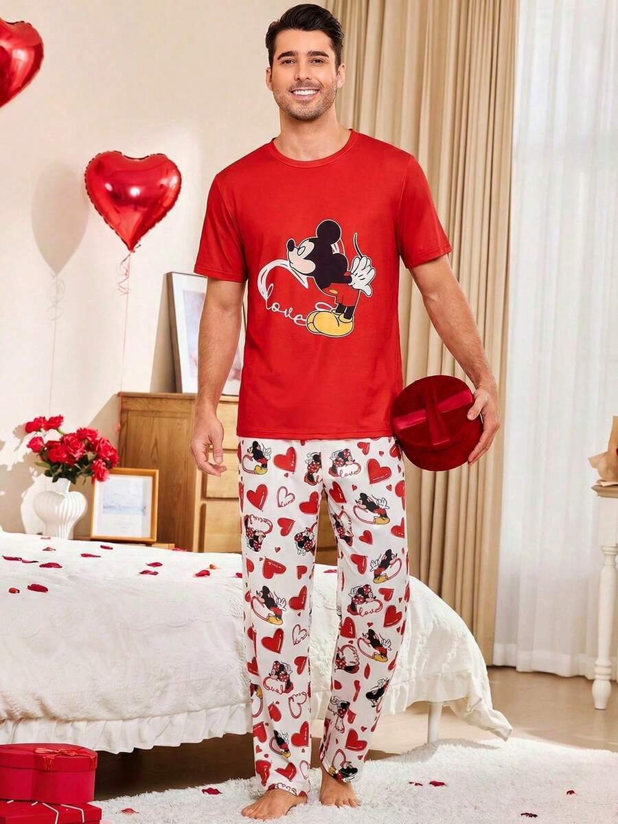 Disney 情人节男士睡衣套装(两件套),柔软短袖长裤睡衣,舒适休闲家居服 - 紅色 - 查看 1