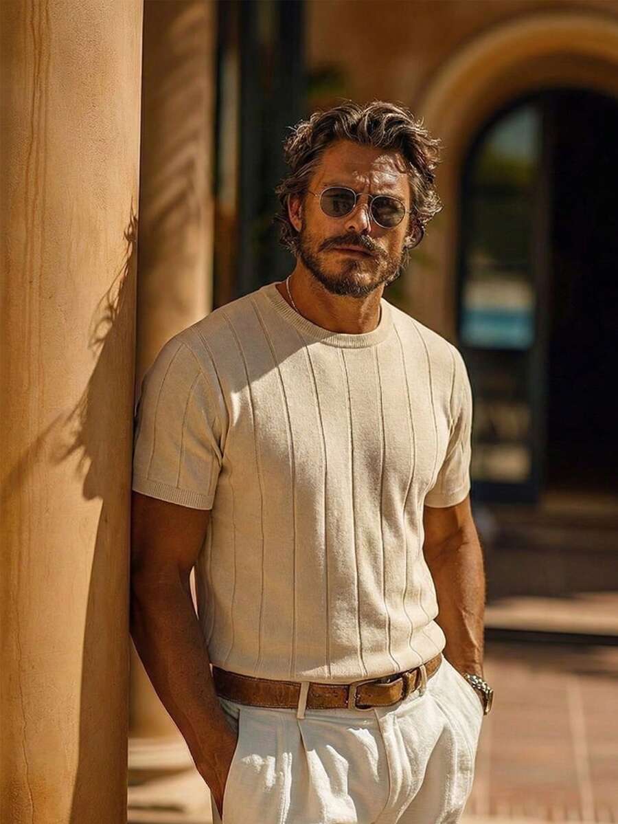 男士圆领竖罗纹短袖针织毛衣 - 杏色 - 查看 1