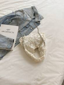 1pc Quilted Open-Close PVC Sequin Small Square Bag, Fashion Shiny Sequin Coin Purse Phone Bag, Women's Party Event Bag, New Stylish Chain Crossbody Bag, Shiny Glitter Chic Shoulder Bag, Suitable For Women To Attend Banquets And Parties , - Beige - View 6