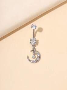 1 pieza Anillo de ombligo de titanio con estrella y luna de moda, adecuado para uso diario - Plateado - Ver 2