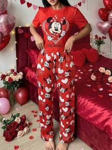 Disney Bộ đồ ngủ ngắn tay 2 món dễ thương dành cho nữ nhân dịp Lễ Tình nhân, đồ mặc nhà mềm mại và ngọt ngào. - Đỏ - Xem 4