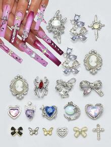 30 Stück sortierte Legierungs-Nagelkunst-Charms, Gothic & Kawaii-Goth Fusion Nageldekoration, DIY Nagel-Accessoires mit zufälliger Mischung aus Herzen, Spinnen, Totenschädeln, Schmetterlingen, Schleifen, Y2K Nagelkunst Edelsteine - Verschiedenfarbig - Übersicht 3