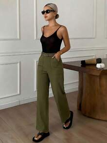 Spring Summer Women Casual & Fashionable High Waist Straight Leg Pants With Pockets, Olive Green, Vacation Beach Office School Outfits For Women - 橄欖綠 - 查看 4