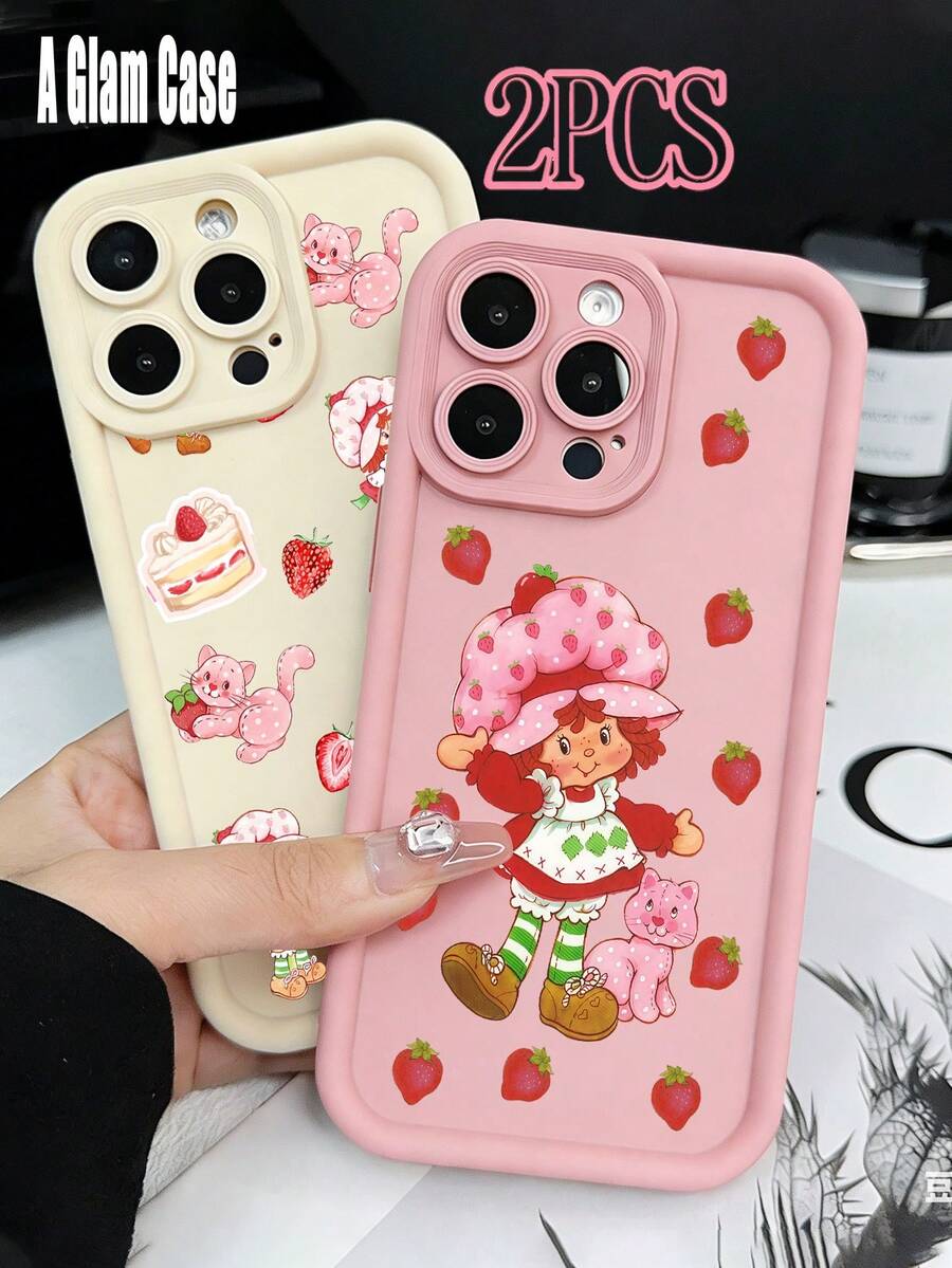 2PCS Strawberry Girl And Strawberry Print Phone Case Set. It Is Compatible With Galaxy Models Including Compatible For Galaxy S25, S24, S23, S22, S21 PLUS, FE And Ultra,Galaxy A33 Compatible With For Iphone17 Pro Max, 16, 15, 14 And 13. It Makes A Perfect Gift For Birthdays, Holidays, New Year And Valentine's Day. - 粉紅色和白色2 - 查看 1