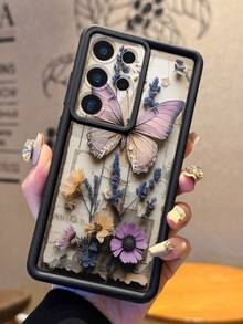 1pc Dried Flower & Butterfly Pattern Printed Phone Case, Camera Protection, Shock-Proof, Thick Black Phone Cover Compatible With Android Galaxy A55/A15, S21/S22/S23 FE/S24 Plus/S25 Ultra, /, SMART 8 Pro, Honor, One Plus - Black - View 4