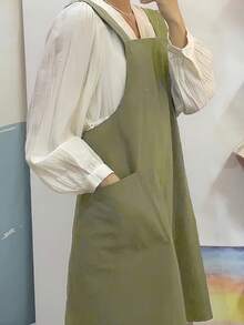 1件男女通用加大码橄榄绿轻薄交叉后背套头围裙，带口袋，简约现代风格纯棉易穿脱防污罩衫，适合多种场合 - 橄欖綠 - 查看 4