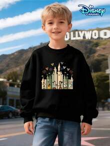 Boys' Crew Neck Pullover Sweatshirt, Suitable For Spring, Autumn, And Winter, For Children Aged 5-12. Black, Loose And Comfortable Fit. The Front Features A Disney Character Adventure Print, Including Mickey, Minnie, Donald Duck, Daisy, Goofy, Pluto, And Other Characters Exploring In Front Of A Colorful Castle, Complete With Colorful Mickey Balloons And Firework Decorations. The Back Features "Walt Disney World" Lettering And A Collection Of Disney Characters, An Officially Licensed Disney Design. Made Of Skin-Friendly And Breathable Fabric. Can Be Paired With Jeans, Sweatpants, Or Casual Shorts For Versatile Styling. Suitable For School, Weekend Outings, Family Gatherings, Disneyland Visits, Birthday Parties, And More. Eye-Catching Cartoon Design, A Must-Have For Back-To-School Season. Machine Washable And Durable, Suitable For All Body Types. A Casual Everyday Top For Boys. - Black - View 2