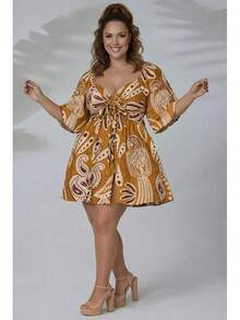 MeimiAmores Meimi Floral Plus Size Short Dress, Loose Fitted Waist, Short Sleeves, Casual Style, Sizes G1 G2, Spring/Summer, Lightweight, Boho Style - Màu Mù tạt vàng - Xem 7