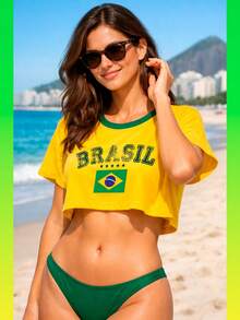 Women's Cropped Tropical Brazil Blouse, Casual Short Top, Soft Touch, Round Neck - 黃色 - 查看 1