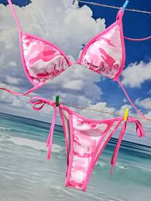 两件套女士性感迷彩印花比基尼套装，可调节侧系带三角泳裤，适合海滩、度假、夏季穿着，粉色 - 粉色 - 查看 8