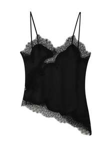 Women Satin Lace Trim Cami Top  Asymmetrical Spaghetti Strap Sleeveless Blouse  Y2K Coquette Lingerie-Inspired Top For Date Night, Brunch  Streetwear Summer Teen Girls Going Out Tops Club Streetwear   ﻿ - màu đen - Xem 11