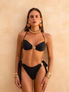 Sexy Halter Neck Women's Bikini Swimsuit, With Criss-Cross Back Straps, Side Tie Bottom, And Knotted Details - Black - View 3