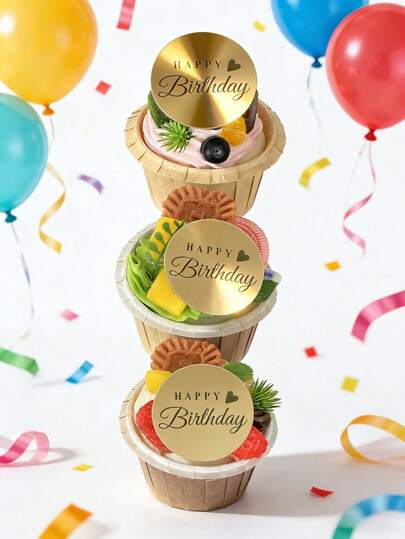 5个“生日快乐”纸杯蛋糕装饰插牌，三种款式——圆形、心形和六边形——均采用现代字母图案。适用于生日派对、圣诞节、生日礼物、纸杯蛋糕装饰、烘焙用品、厨房必备品、烘焙装饰、蛋糕用品、节日礼物和装饰品。