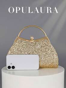 OpulAura Sparkling Crystal Embellished Evening Clutch Bag For Women, Luxury Glitter Rhinestone Formal Purse Suitable For Gala, Party, Wedding, Birthday Party, Anniversary Gift, Women's Glitter Clutch Purse Pleated Mini Bag Elegant Evening Handbag - 金色 - 查看 4