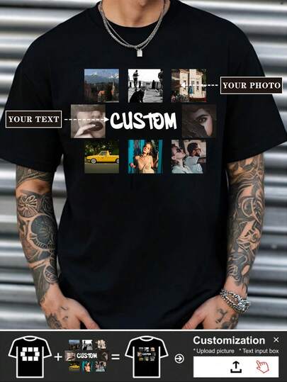 Áo thun nam in chữ theo yêu cầu, tải lên chữ/thông tin/câu nói hài hước/lời chúc, áo thun đen, quà tặng ngày lễ, quà tặng kỷ niệm, trang phục lễ hội âm nhạc, quà tặng cho nam giới, áo thun nam tay ngắn cổ tròn dáng rộng, trang phục dự tiệc, áo thun nam.
