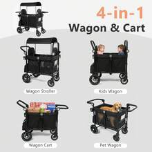 Kinder King Wagon Stroller For 2 Kids, All-Terrain Foldable Outdoor Stroller Wagon 2 Seater, Removable Canopy, Adjustable Handle, Shock-Absorbing Wheel, Detachable Tray, Large Storage, All Black - All Black - View 5