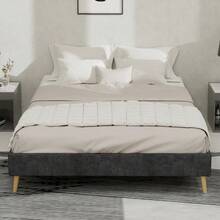 Modern Minimalist Bed Frame, 140 X 200 Cm, Grey, Upholstered In Dutch Velvet, Low Slatted Base, Contemporary Style Bedroom Furniture. Gas Spring, Headboard And Mattress Not Included. - Grey - View 6