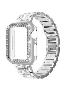 Conjunto compatible con correas para Apple Watch y estuche protector, incluye correa de metal brillante con incrustaciones de rhinestone y estuche protector multicapa de diamante para Apple Watch de 38mm, 40mm, 41mm, 42mm, 44mm, 45mm, 46mm, 49mm, Ultra 3/2/1, SE, S11, S10, S9, S8, S7, S6, S4, S5, S4, S3 Series - Plateado - Ver 7