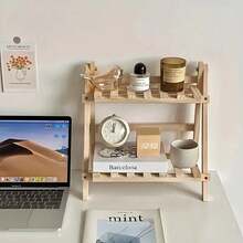 1pc Vintage Wooden Desktop Storage Rack/Display Shelf - Dual-Layer Storage Rack, Multifunctional Foldable Design, Suitable For Home Decor, Multi-Layer Desktop Storage, Office Flower Rack, Home Storage & Display Of Bracelets, Earrings, Office Accessories, Plant & Spice Display - Wooden Surface, Trapezoid Design, Space-Saving, Easy Assembly - Apricot - View 2