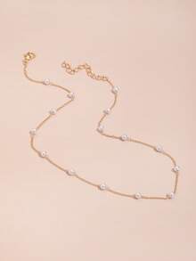 1pc Faux Pearl Necklace, Delicate Beaded Choker Necklace For Women - Gold - View 3