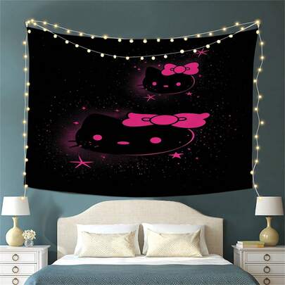  1pc Sanrio Kawaii Cat Galaxy Tapestry | Black And Pink Starry Night Aesthetic Decor, Polyester Fabric, Modern Large Fabric Wall Blanket For Living Room, Bedroom, Dorm Room Art
