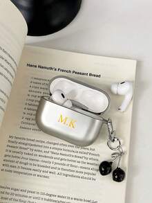 Customized Name Initial Earphone Protective Case (With Cherry Pendant) - Silver Electroplated Earphone Protective Case Suitable For AirPods 4th Gen, Pro, New 2nd/3rd Gen, Soft Protective Case Compatible With Apple Earphones, Electroplated Earphone Protective Case, Valentine's Day Gift - Silver - View 3