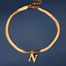 1件时尚简约18K镀金不锈钢26字母吊坠脚链，搭配蛇骨链，适合女性日常佩戴 - 金色 - 查看 18