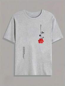 Camiseta Masculina Estampada Rosa Camisa Simples 100% Algodão - Cinza Claro - Visão 2