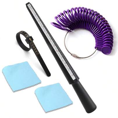 KLONKEE ערכת כלי מדידה לטבעות, כוללת סרט מדידה מפלסטיק, מקל מדידה, טבעות מדידה, מטלית ניקוי, מתאים למידות אמריקאיות 0-13 לגברים ולנשים