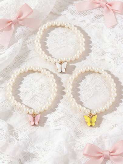 Butterfly Pendant Faux Pearl Bracelet Girls Summer New Bracelet Jewelry 3pcs Set Gift