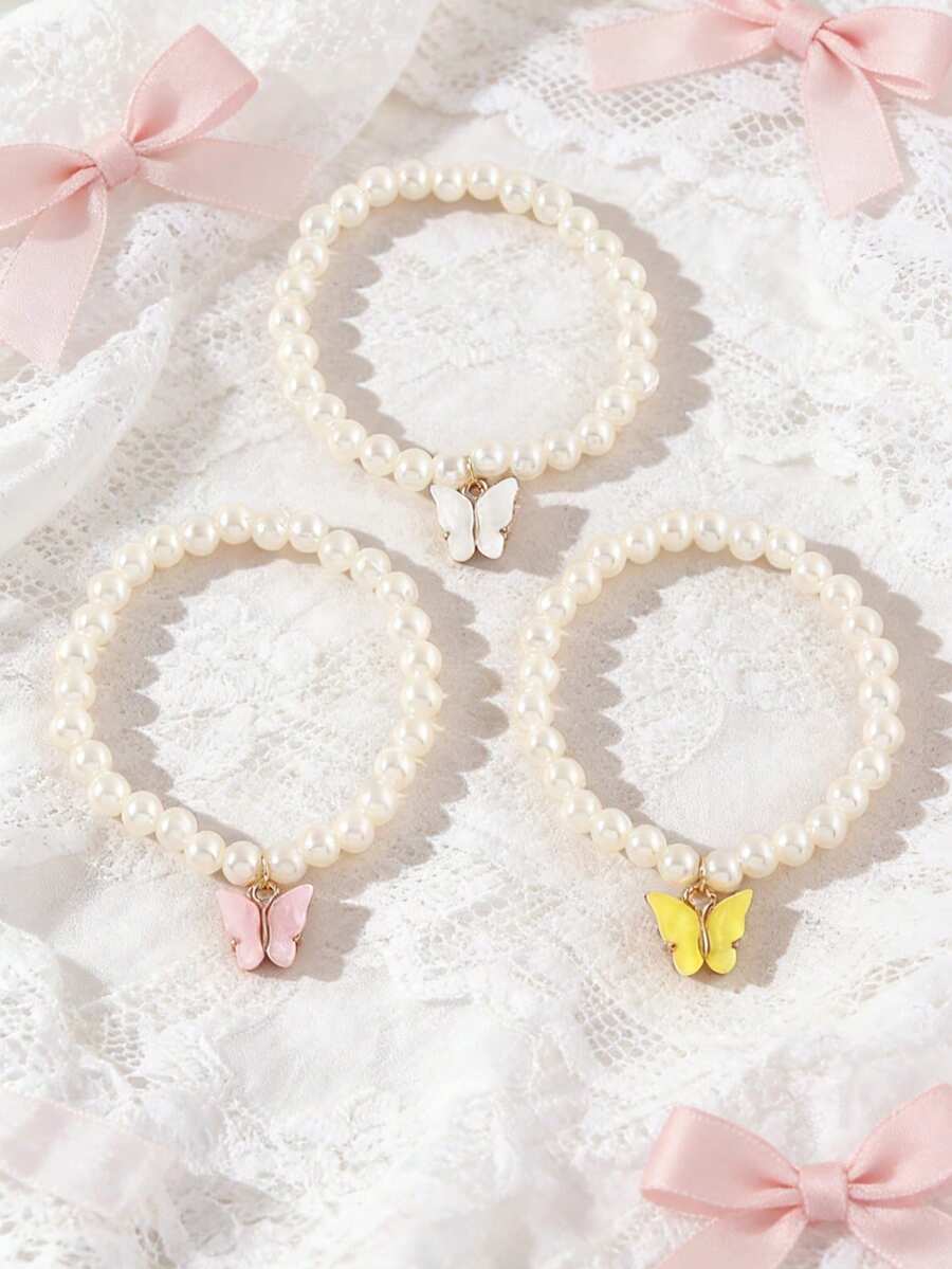 Butterfly Pendant Faux Pearl Bracelet Girls Summer New Bracelet Jewelry 3pcs Set Gift - one-size - View 1