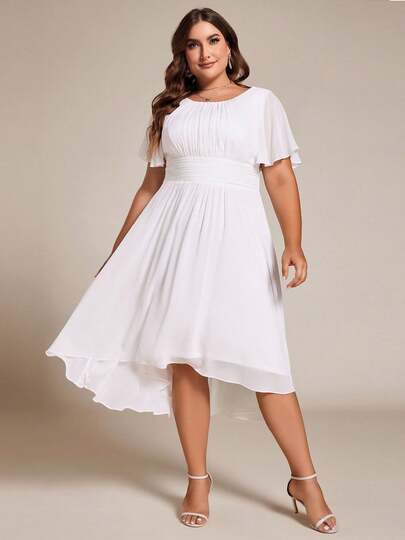 Plus Size Elegant Chiffon Round Neck Short Sleeve Front Short Back Long Bridesmaid/Wedding Guest Dress, White Formal Dress, Spring/Summer Mini White Dress