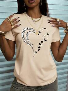 Women's Summer New Simple Slogan Print Casual Vacation Style Loose Fit Round Neck Short Sleeve T-Shirt, Fashionable Everyday Top, Suitable For Daily And Vacation Wear. Women's T-Shirt Top. - Apricot - View 7